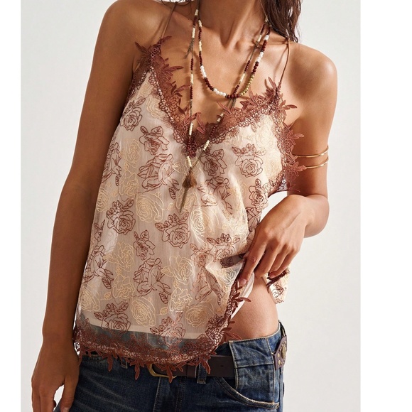 Boho Floral Embroidered Lace Criss Cross Back Cami Tank Top - Picture 3 of 6